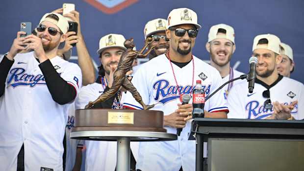 Marcus Semien celebrates winning the World Series